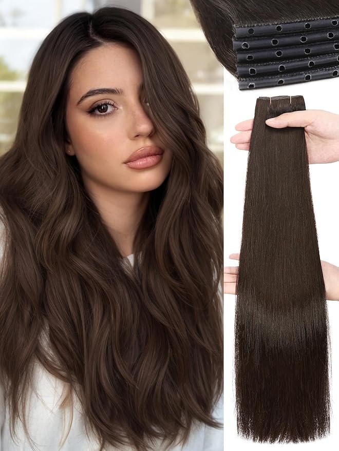 WIGNEE OVO Brown Hair Extensions – 20 Inch, 100% Remy Human Hair, Dual Hand-Tied Double Invisible Weft, Micro Beaded Sew-In, Glueless, Seamless Soft Silky Hair Extensions