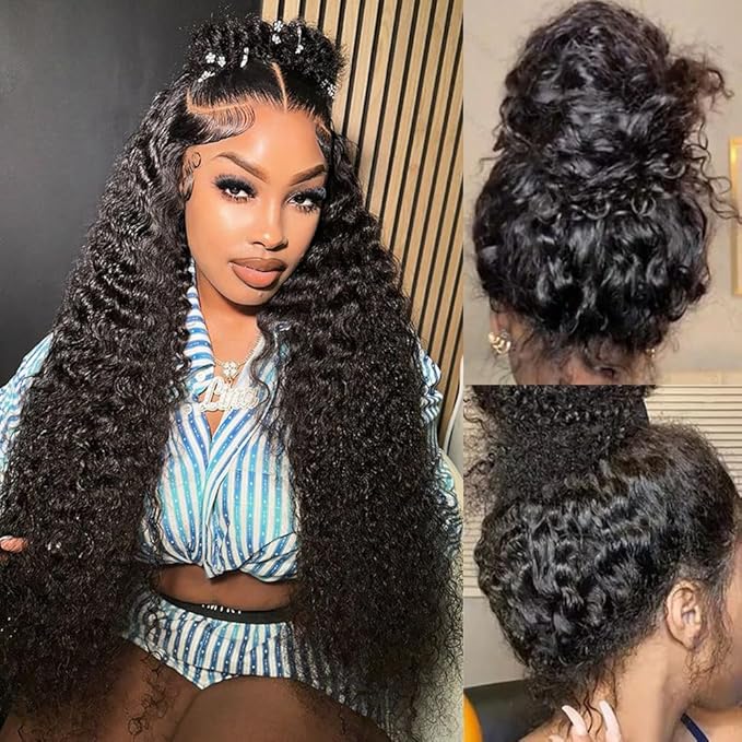 Hidden Strap 360 Deep Wave Lace Front Wigs Human Hair 220% Density 360 Glueless Wigs Human Hair with Drawstring 360 Deep Wave Curly HD Full Lace Front Wigs Human Hair Pre Plucked 32 inch