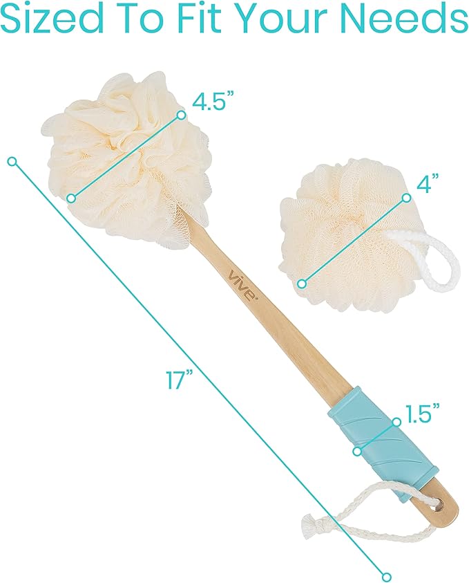 Vive 17” Shower Loofah with Long Handle - Exfoliating Back & Body Scrubber for Men & Women - Luffa Sponge on a Stick for Bathing, Cleaning - Includes Extra Handheld Lufa, Hook & String to Hang on Wall