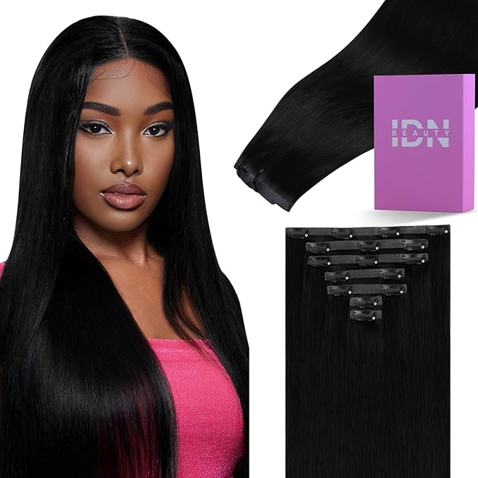 IDN BEAUTY Seamless Clip In Hair Extensions Human Hair Jet Black Real Remy Virgin Human Hair Seamless Clip Ins For Black Women PU Weft Invisible Edge Thick Soft Hair ST 110g 18 Inches
