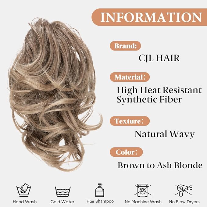 CJL HAIR Claw Clip Short Ponytail Hair Extensions DIY Bendable Metals Messy Bun Hair Piece for Wonen Wavy Curly Synthetic Fake Hairpieces Brown to Ash Blonde