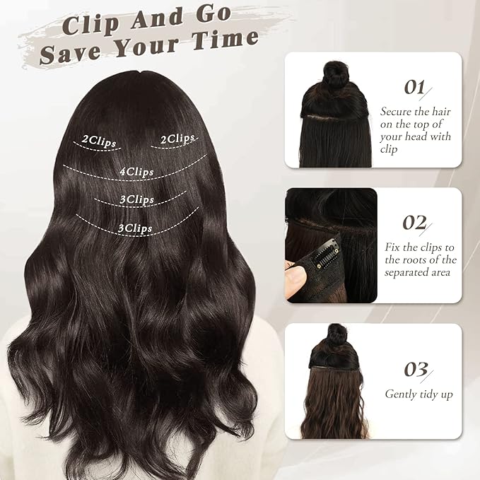 BARSDAR Short Wavy Clip in Hair Extensions - 14 Inch Dark Brown Hair Extensions Clip in for Women - 5PCs Thick Soft Synthetic Loose Wavy Clip in Hairpieces – Dark Brown Mixed