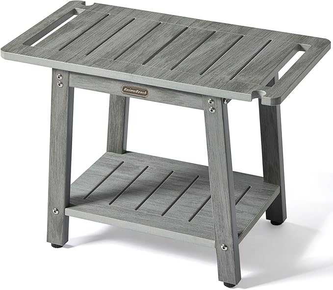 HDPS Shower Bench Seat with Shelf, Waterproof Shower Stool, Bathroom Chair for Spa with Handle, Weather Resistant/Non-Slip/Handles/Indoor or Outdoor Use, Weight Capacity 500LBS