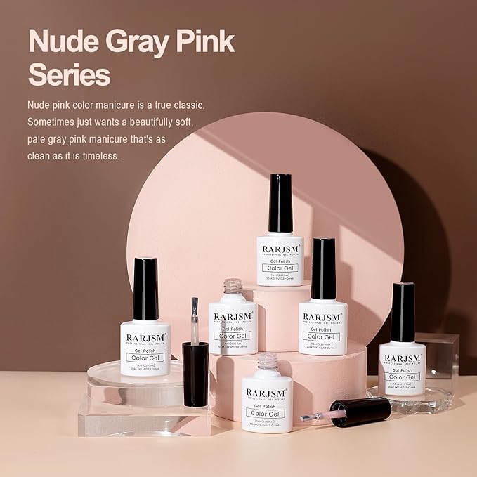 RARJSM Nude Gel Nail Polish Sheer Jelly Gray Pale Pink Gel Polish Set of 6 Transparent Colors Clear Light Brown Gray Purple Neutral Nuded Nail Varnish LED UV Curing Requires 7.5ml for Home Salon
