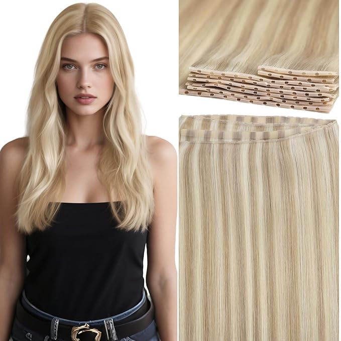 Lacer Butterfly Weft Hair Extensions 22 Inch Twin Tab Butterfly Genius Weft Human Hair Extensions Light Brown with Platinum Blonde OVO Hair with Micro Bead 100G One Piece