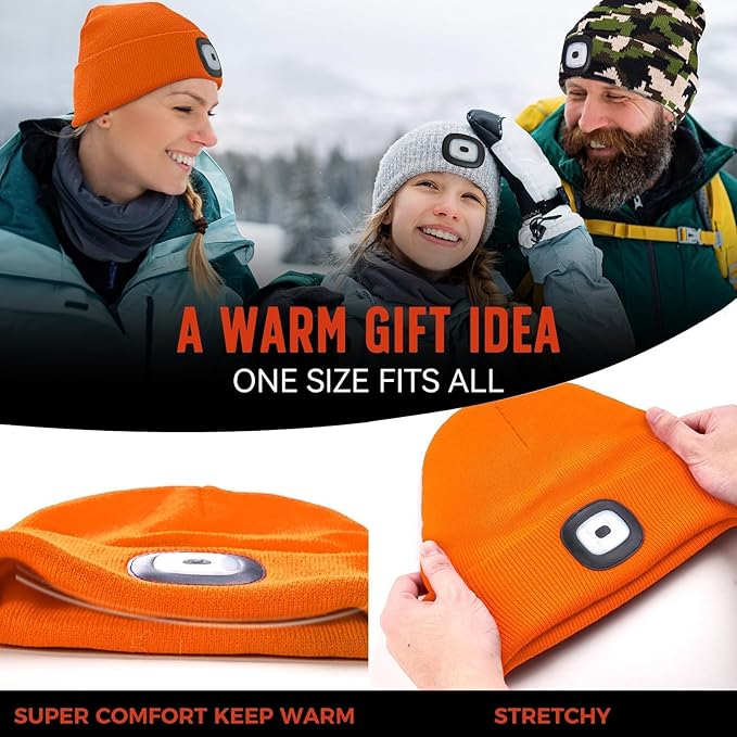 Unisex Beanie Hat with Light, Rechargeable Headlight Cap, Stocking Stuffers for Men, Cool Gadget Gifts for Him, Birthday Gifts for Women, Gifts for Him, Orange