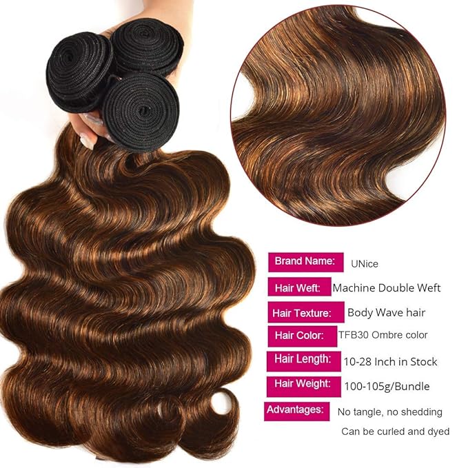 UNICE Brown Highlight Body Wave Human Hair 3 Bundles with 4x4 lace closure, Brazilian Remy Hair Ombre Human Hair Wavy Weaves FB30 Color 18 18 18+18 Closure