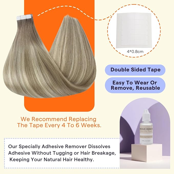 Full Shine Human Hair Extensions Tape in 22 Inch Color 19/8/60 Blonde and Brown Ombre Natural Seamless Skin Weft Tape in Hair Extensions Human Hair Invisible 20PCS Remy Soft and Silky 50 Grams