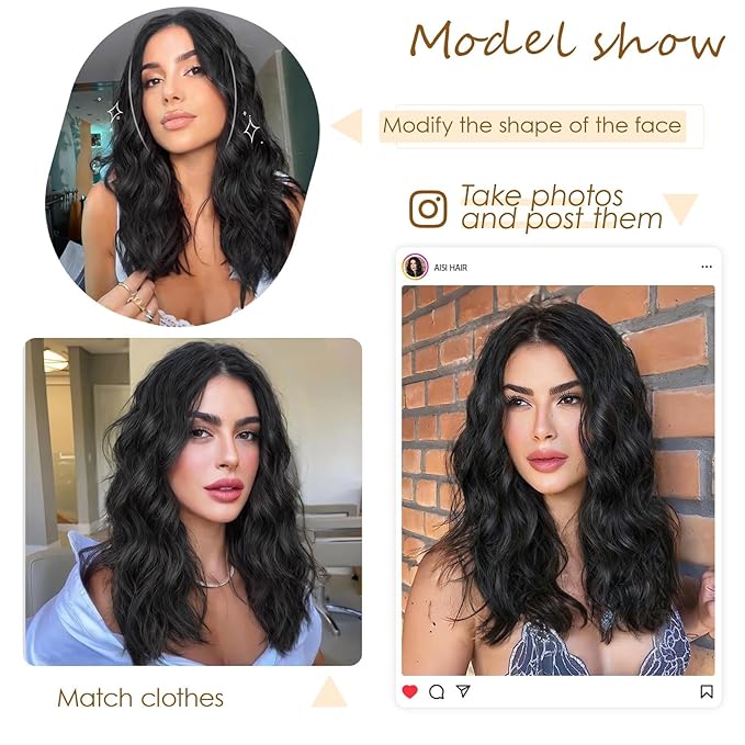 AISI HAIR Black Wig for Women Medium Length Wave Curly Glueless Synthetic Heat Resistant Hair Wigs for Daily Party Cosplay