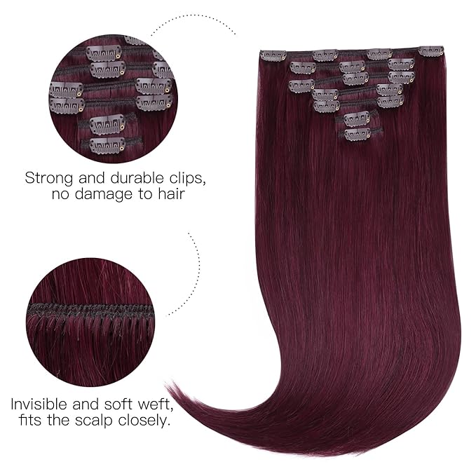 HOTBANANA Human Hair Clip in Hair Extensions, Burgundy 120g Real Human Hair Straight Remy Hair Clip in Hair Extensions 24 Inch 7pcs