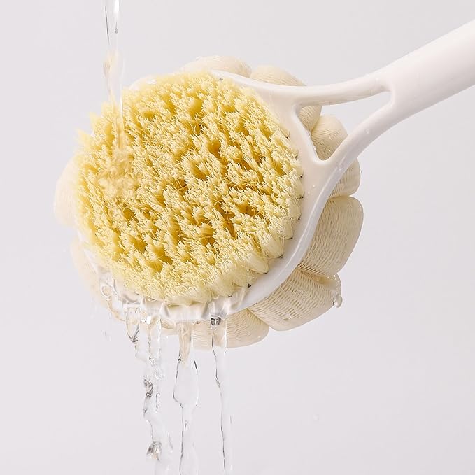BTYMS Bath Sponge Back Brush Long Handle for Shower 17 Inch, Double Sided Exfoliating Back Scrubber Brush Shower Body Brush with Soft Bristles and Loofah