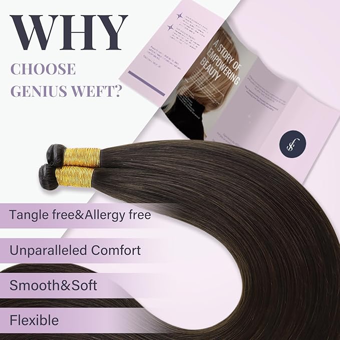 Fshine Genius Weft Real Human Hair Genius Weft for Women Darkest Brown 24 Inch Hair Bundle Remy Human Bundle Natural Human Weave 60 Gram
