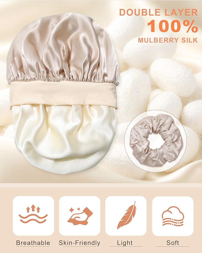 Mulberry Silk Bonnet Sleeping Women Curly Hair Bonnets Tie Band Double Layer Reversible Sleep Bonnet Silk Hair Wrap Sleep Cap
