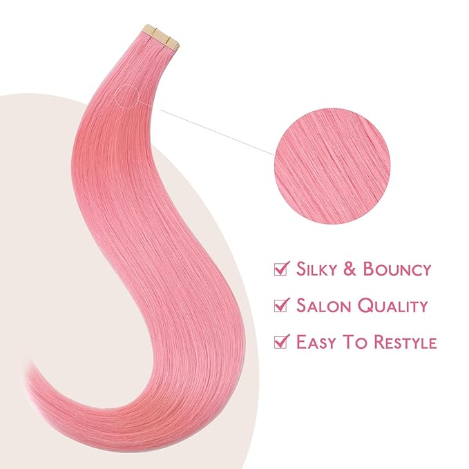 WENNALIFE Tape in Hair Extensions Human Hair Peach Pink Tape in Extensions, 10pcs 30g 26 inch Remy Invisible Tape Ins Straight Colored Soft Refill Set