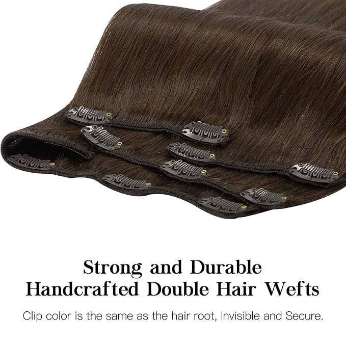 HOTBANANA Human Hair Clip in Hair Extensions, Light Dark Brown 120g Real Human Hair Straight Remy Hair Clip in Hair Extensions 22 Inch 7pcs