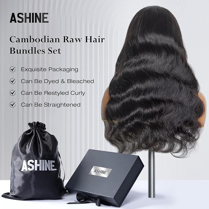 ASHINE Human Hair Bundles Body Wave Straight, Unprocessed Cambodian Raw Hair Bundles for Women Natural Black 26 28 30 Inch, Keep Soft and Silky After Multiple Washes