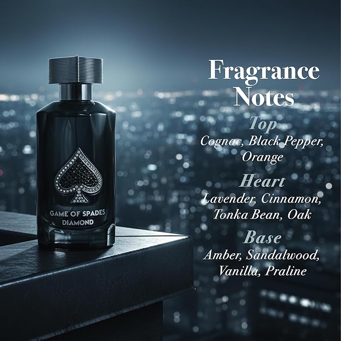 Jo Milano Game of Spades Diamond Parfum Spray | 3.4 oz (100ml) | Vanilla, Fruity, Amber, Sweet, Musky Scent | Long Lasting Fragrance for Men and Women (Unisex)