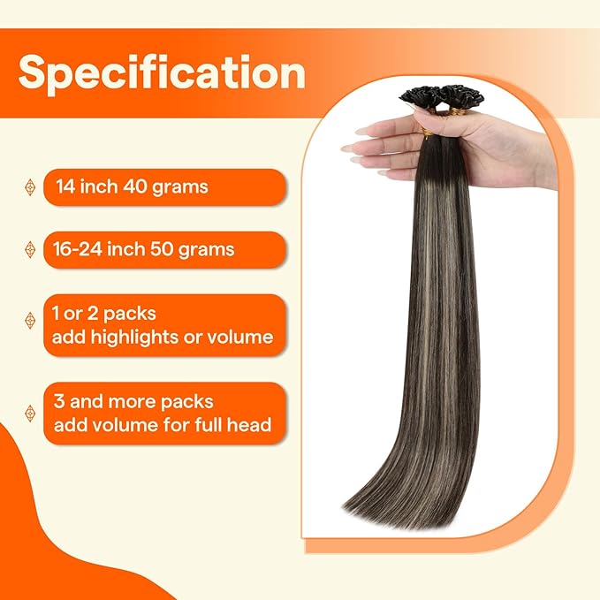 Full Shine U Tip Human Hair Extensions Balayage Dark Brown Ombre to Platinum Blonde and Brown Keratin Tip Hair Extensions Real Human Hair 24 Inch Long Straight Remy Hair 50 Grams