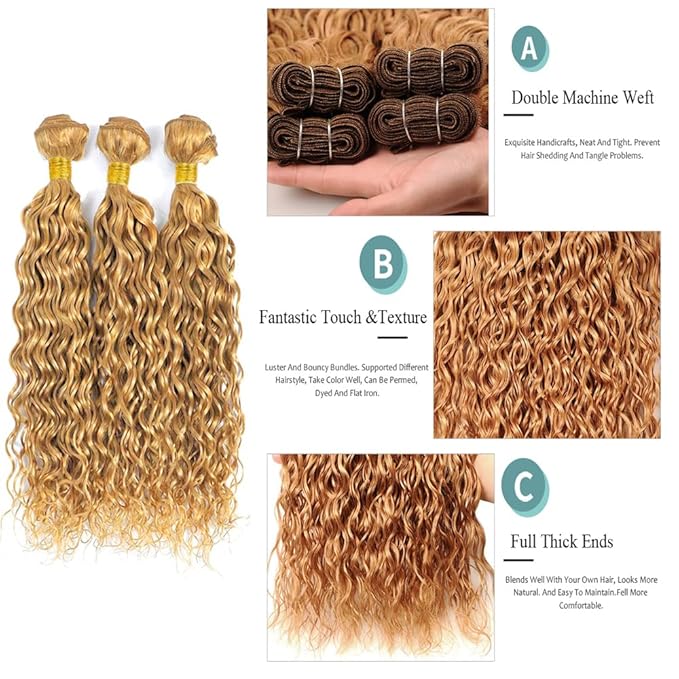 26 28 30 Inch Blonde Bundles Human Hair #27 Honey Blonde Water Wave 3 Bundle Unprocessed Brazilian virgin hair Weave Extensions Double Weft 50 Grams/Bundle Colored Blonde Bundles for Woman