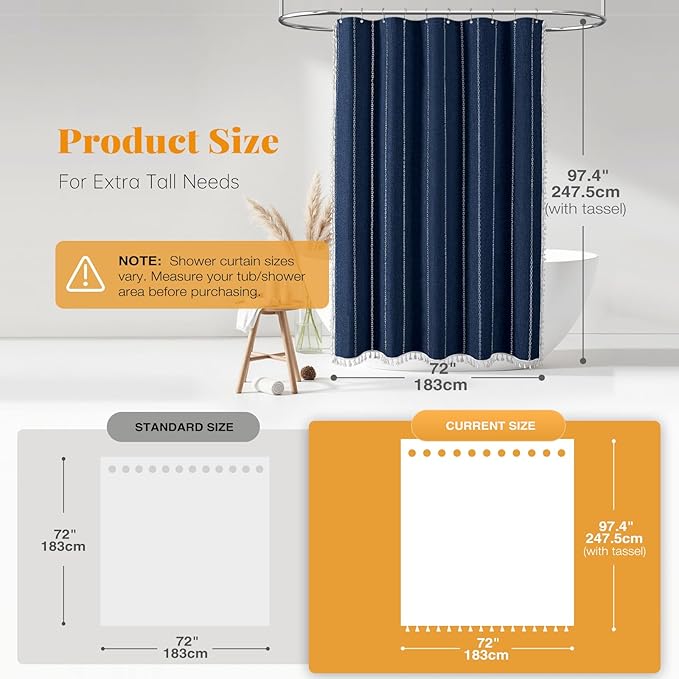 BTTN Boho Farmhouse Shower Curtain - Linen Rustic Heavy Duty Striped Fabric Shower Curtain Set with Tassel, Bohemian Vintage Country Cloth Shower Curtains for Bathroom，Navy Blue，72" W x 96" L