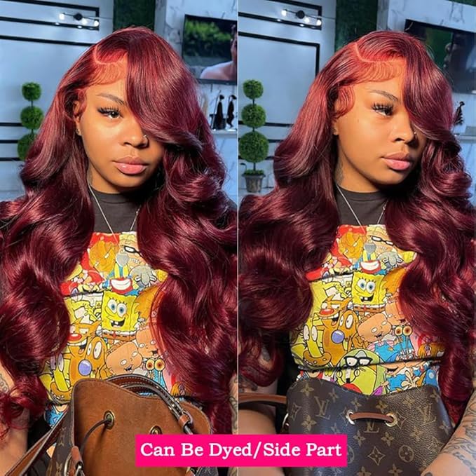 IUPin 1b 99j Burgundy Lace Closure Wigs Human Hair Body Wave Ombre Color Glueless Pre Plucked Human Hair Wigs for Women Natural Hairline with Baby Hair Colored Wine Red 24inch