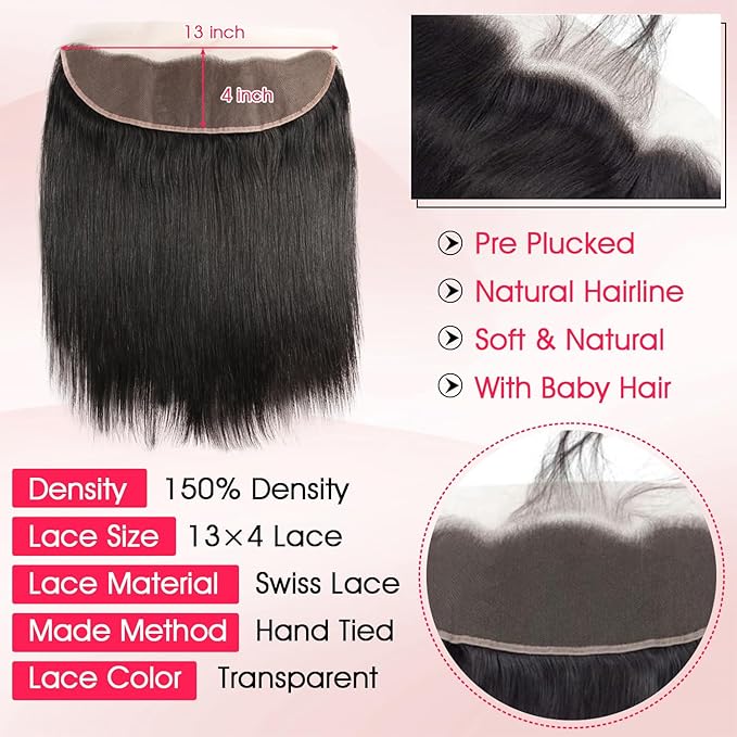 Human Hair Bundles with Frontal Closure (14 14 14 14+12,Free Part), 4 Bundles Human Hair with 13x4 HD Lace Frontal,16A 100% Virgin Brazilian Straight Hair Extensions Double Weft
