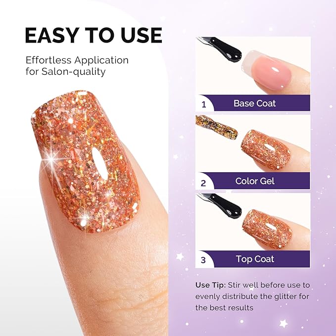 MelodySusie Galaliver Orange Glitter Gel Nail Polish, 15ML Shimmer Orange Sparkle Gel Polish Soak Off UV LED Cured Long Lasting Gift for Women DIY Nail Design Nail Art Manicure X13