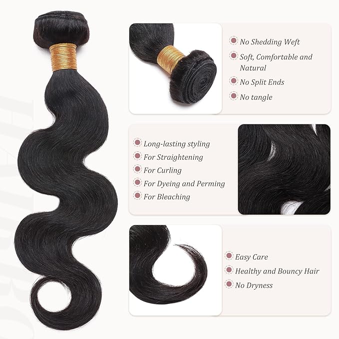 Hairro Sew in Hair Extensions Real Human Hair, 100g/bundle Weave Weft for Women Adding Volume and Length, for DIY Beauty Dating Party, 12 Inch One Bundle Body Wave #1B Natural Black