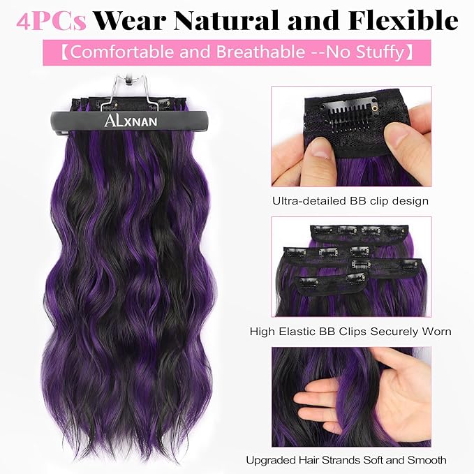 ALXNAN Clip in Long Wavy Synthetic Hair Extension 24 Inch Black Mix Purple Highlights 4PCS Thick Hairpieces Fiber Double Weft Hair for Women