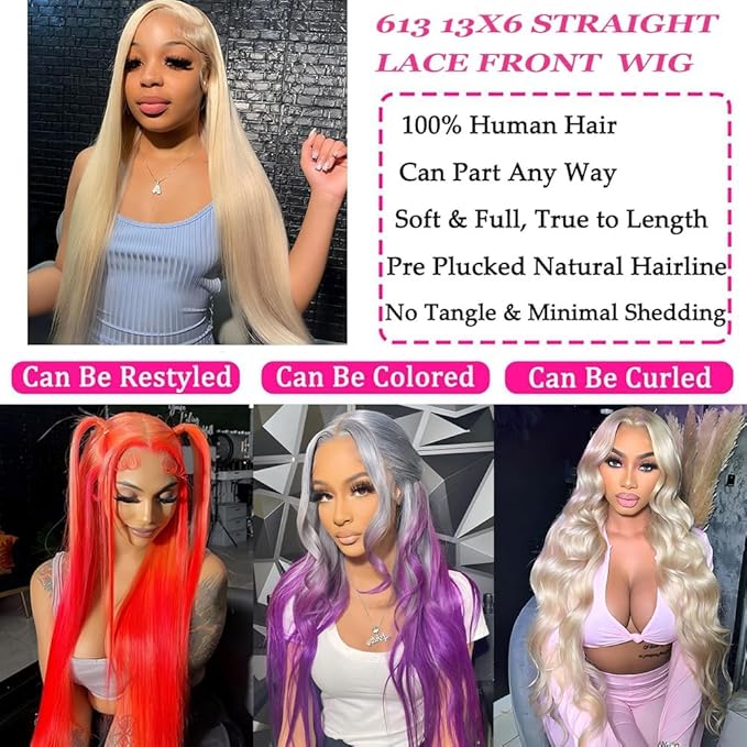 34 Inch 613 Lace Front Wig Human Hair Blonde HD Straight Lace Frontal Wig Pre Plucked 200% Density Glueless Wigs Human Hair