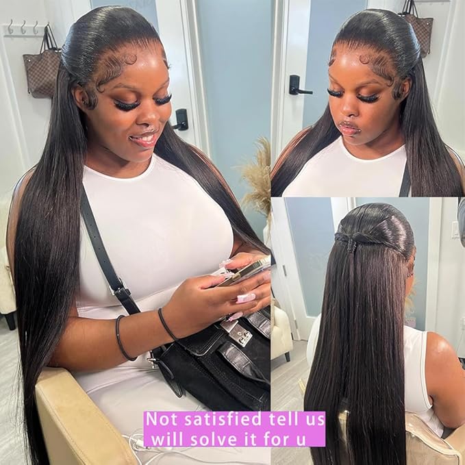 30 Inch 13x6 Straight Lace Front Wigs Human Hair Thin HD Glueless Pre Plucked Bleached Tiny Knots Full Lace Frontal Wig Upgraded 14A Soft Hair 200 Dentisty Black Wig