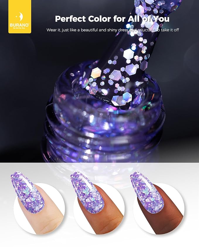 BURANO Glitter Gel Nail Polish, LED UV Nail Gel Shimmer Holographic Effect Soak off Curing Required, No Chip Polish Sparkle Home DIY Nail Salon (Purple LP21)