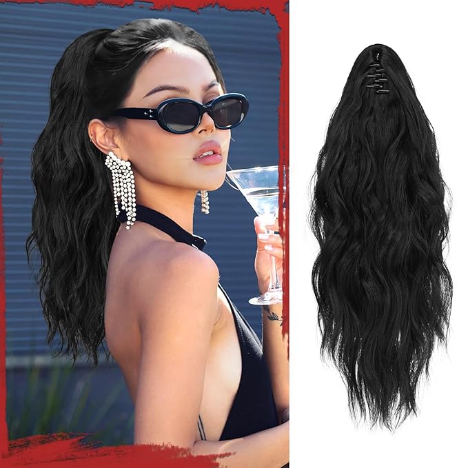 SOFEIYAN Ponytail Extension 16" Curly Wavy Claw Clip Ponytail Hair Extensions Small Claw Clip in Hairpiece Fluffy Clip on Pony Tails Jaw Clips for Women Synthetic Hairpiece, Black