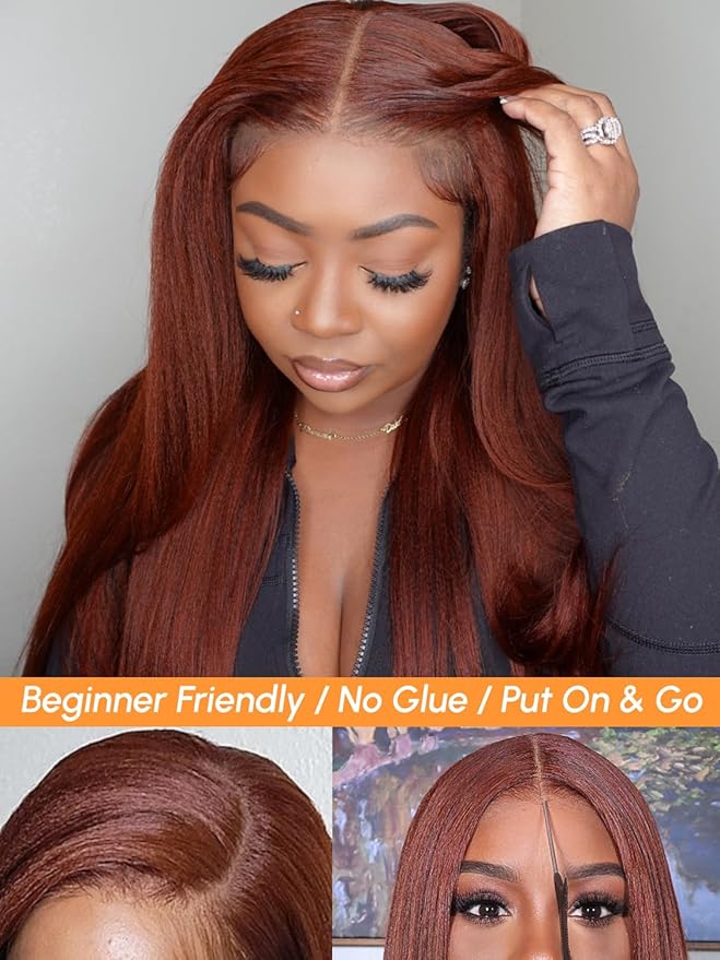 Julia Hair 12A Bye Bye Knots Glueless Wig Reddish Brown Yaki Straight Virgin Human Hair Pre Cut 7x5 HD Lace Front Wigs Invisible Knots Pre Plucked Pre Bleached Auburn Copper Wig 150% Density 26 Inch