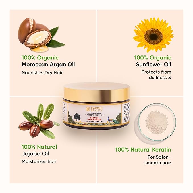 100% Organic Moroccan Argan Oil & Natural Keratin Masque | For Dry, Damaged & Color Treated Hair | Cold Pressed Oils for Deep Nourishment | Sulfates, Parabens & Cruelty Free | 7 oz