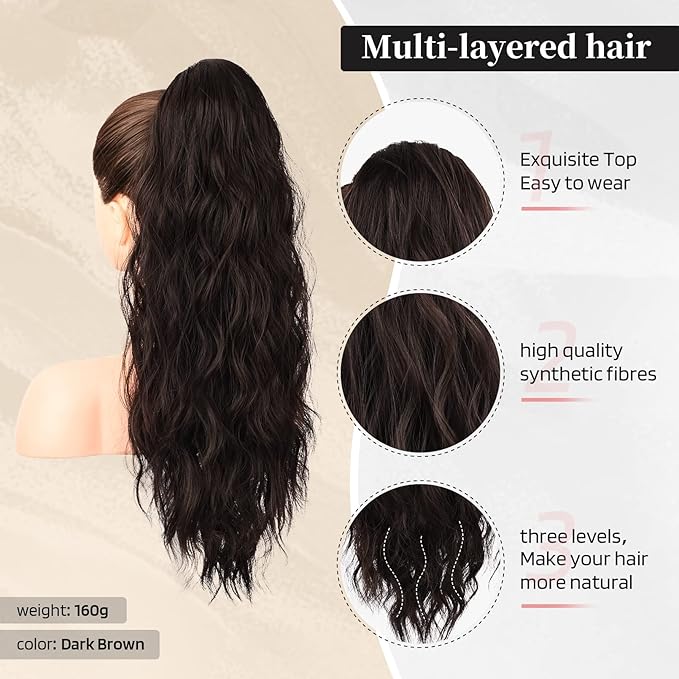 Flufymooz Ponytail Extension, 22 Inch Drawstring Ponytail Hair Extensions for Women， Long Curly Wavy Pony Tail Natural Wavy Synthetic Hairpiece for Women Daily Use party (22 Inch Black Brown)