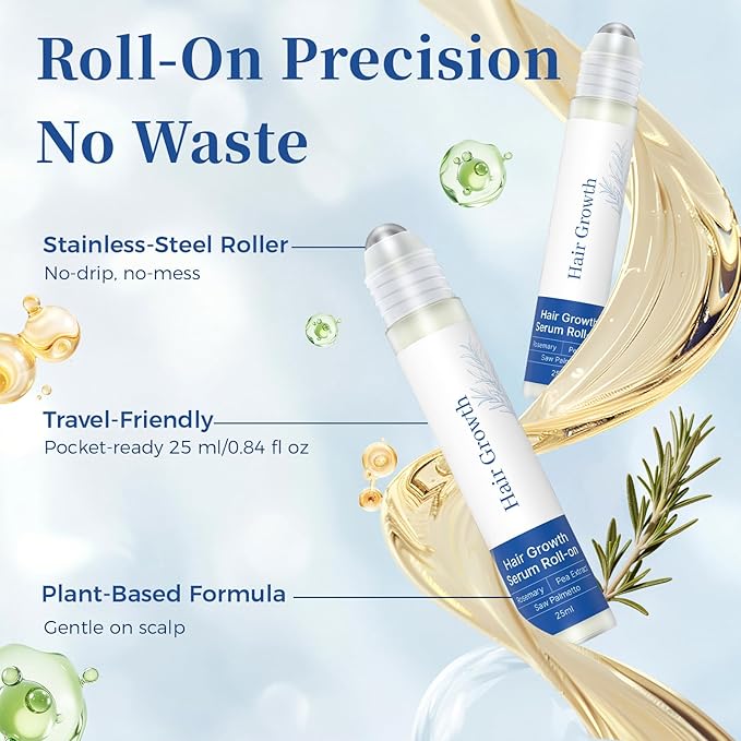 Hair Growth Serum Roll On 25ml/0.84Oz with Saw Palmetto, Rosemary & Pea Extract，Helps Support Thicker, Fuller Hair Appearance, Non-Greasy Hair Loss Support for Men & Women Pack of 2