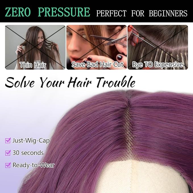 AISI HAIR 14 Inch Purple Wigs for Women - Shoulder Length Wave Wig with Pre-Cut Lace Hairline, Middle Part Natural Wavy Bob Synthetic Heat Resistant Fiber for Daily and Party