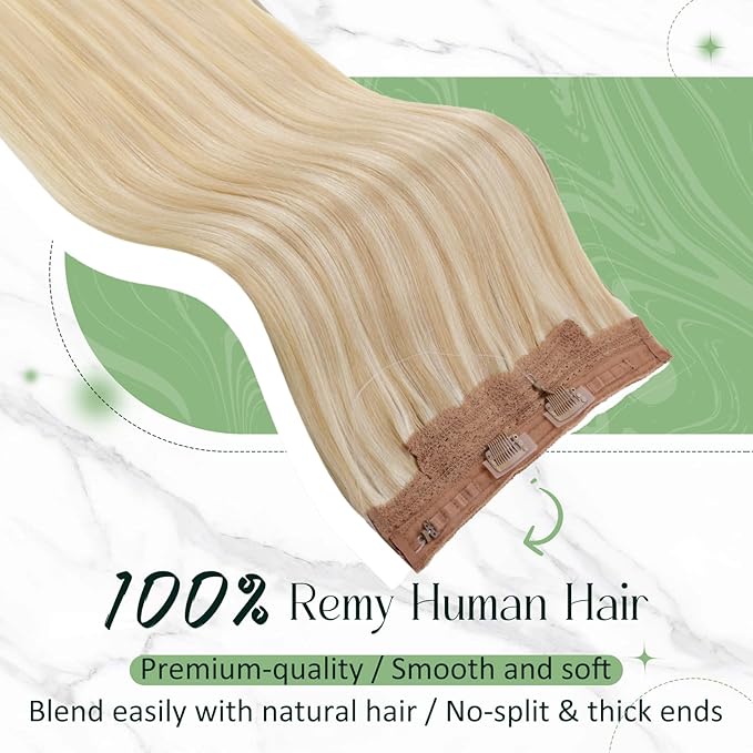 RUNATURE Invisible Wire Hair Extensions, Real Human Hair Extensions Blonde, Fish Line Hair Extension, Easy to Apply, 16 Inch 80g #18P613 Honey Blonde