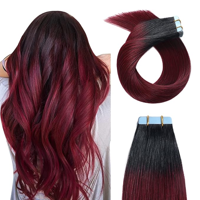 YILITE 18in T1/99J Ombre Tape-in Hair Extensions - Jet Black to Red, 20pcs 50g, Human Hair, Natural