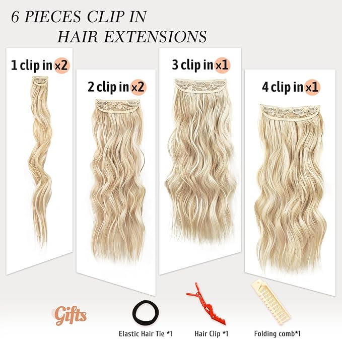 NAYOO Clip in Hair Extensions for Women 20 Inch Long Wavy Curly Blonde Mix Bleach Blonde Hairpieces Full Head Synthetic Hair Hairpieces(6PCS,Blonde Mix Bleach Blonde)