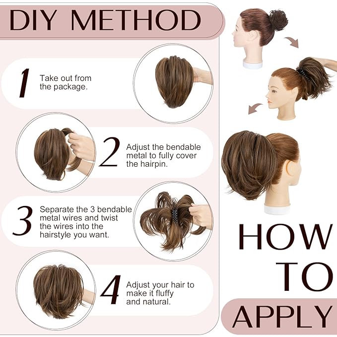 Claw Clip Short Ponytail Hair Extensions Messy Bun Hair Piece Pony Tails Hair Extensions with Bendable Metal Wire Hair Pieces DIY Style 6H27 Dark Flaxen & Dirty Blonde 8 Inch