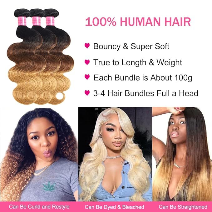 Ombre Body Wave Human Hair Bundles (24 26 28 Inch) 12A Grade Brazilian Virgin Remy 100% Human Hair Extensions 3 Tone 1b/4/27 Color Bundles