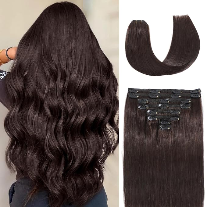 Clip in Hair Extensions Real Human Hair,100% Seamless Invisible Remy Human Hair Silky Straight,Clip Extensions for Women, 8pcs Per Set with Double Weft,2 Dark Brown,24inch 120g/4.2oz