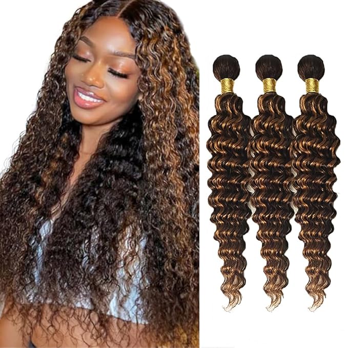 P430 Human Hair Bundles Highlight Deep Wave Bundles Ombre Brown Bundle 20 22 24 inch #4 and #30 Deep Wave Bundle 150g