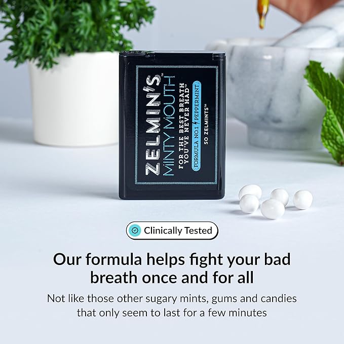 Zelmin's Minty Mouth Breath Freshener - (3 Pack) Long Lasting Bad Breath Treatment for Adults, Instant Freshness Helps with Dry Mouth, Natural Breath Mints for Travel, Alcohol-Free, Keto, Gluten-Free