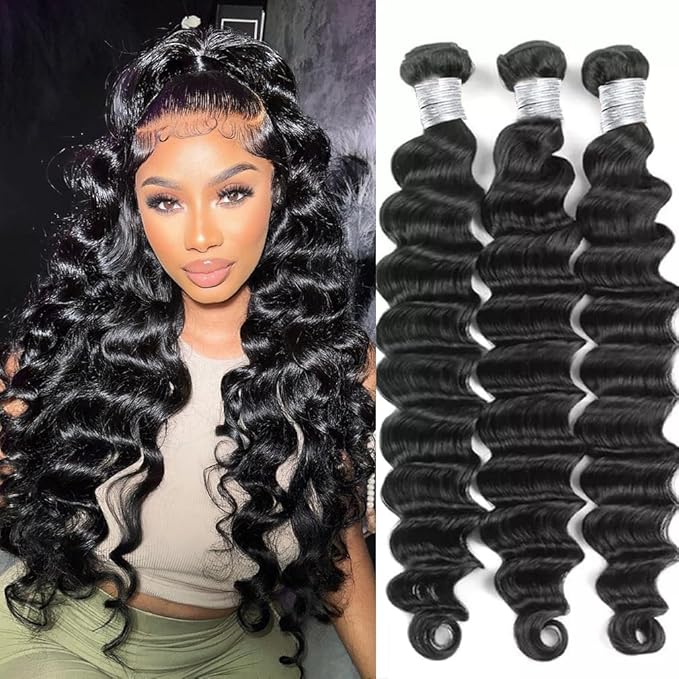 Loose Deep Wave Human Hair 20 22 24 Inches Hair Bundles 12A Grade 100% Unprocessed Brazilian Loose Deep Wave Bundles Human Hair Extensions Natural Black Color 3 Hair Bundles