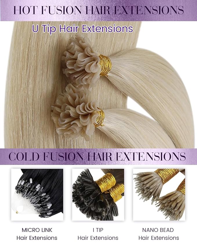 LaaVoo K Tip Hair Extensions Real Human Hair Bleach Blonde U tip Hair Extension Human Hair Hot Fusion Blonde KTip Human Hair Hair Extensions 14 inch 50g/50s