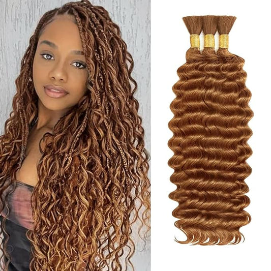 #30 Human Braidng Hair for Boho Braids 26 26 26 Inch Brown Deep Wave Bulk Human Hair for Braiding 10A Deep Wave Bulk 3 Bundles 150g