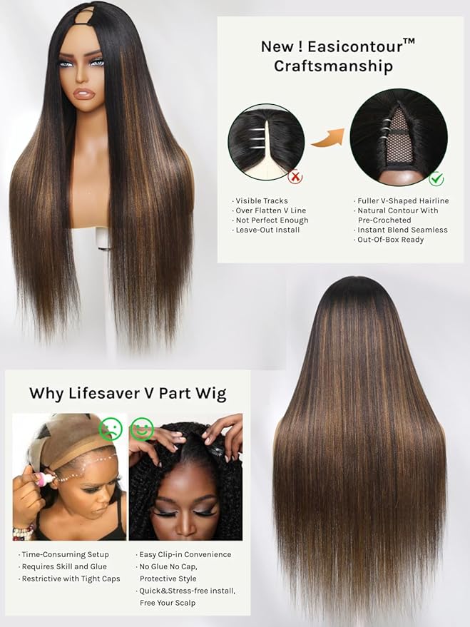 Sunber Ombre Brown Highlight Yaki Straight V Part Human Hair Drawstring Glueless Wig No Leave Out Vpart Balayage yaki straight Clip In Half Wigs No Leave Out Real Scalp V Shape 24Inch